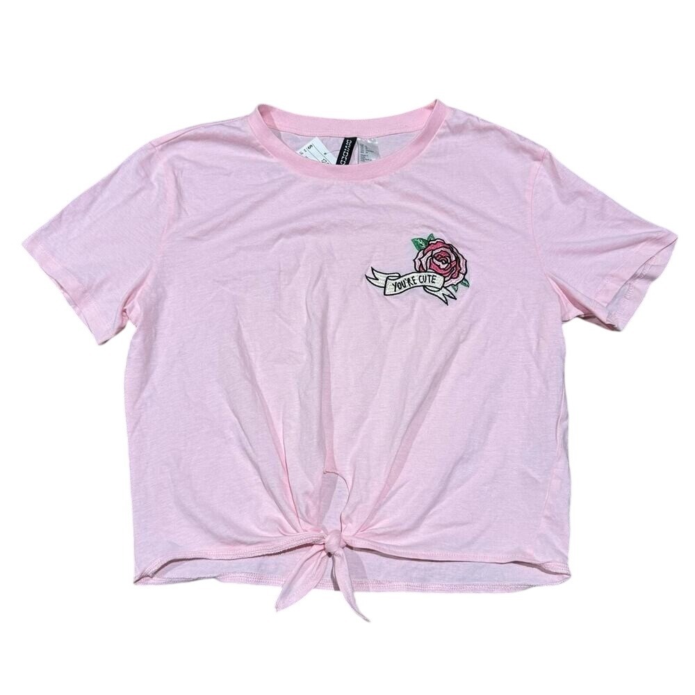 H&M Divided Pink You're Cute Rose Graphic Tie Front Crop T-Shirt Womens Medium